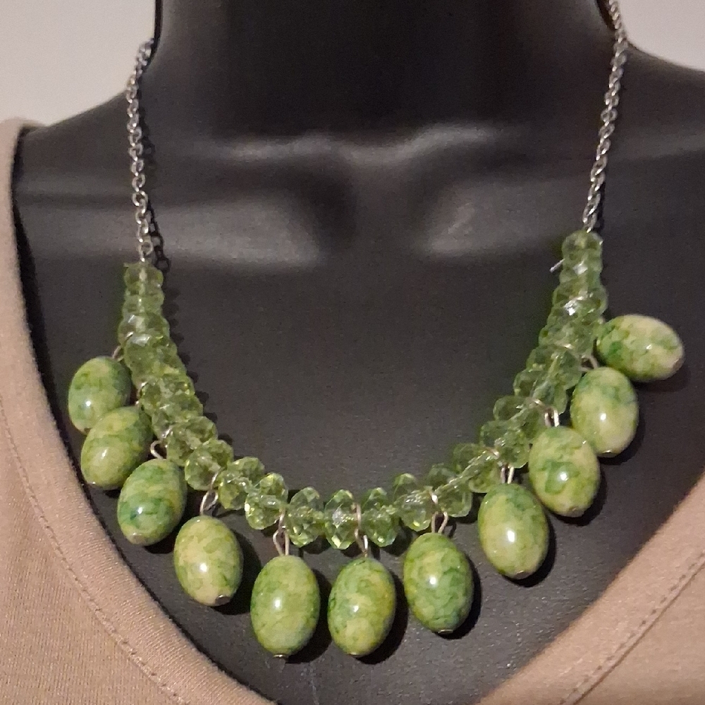 Vibrant Green Bib Necklace with Cascading Pearlescent Beads